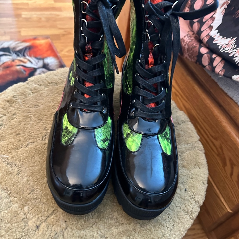Cape Robbin Black and Green Combat Boots with Pink Accents - Picture 5 of 7